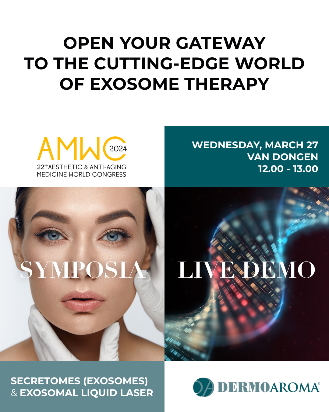 Discover the cutting-edge world of exosome therapy in skin regeneration with Dermoaroma at AMWC 2024 COVER